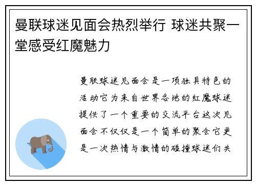 曼联球迷见面会热烈举行 球迷共聚一堂感受红魔魅力