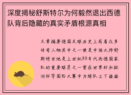 深度揭秘舒斯特尔为何毅然退出西德队背后隐藏的真实矛盾根源真相